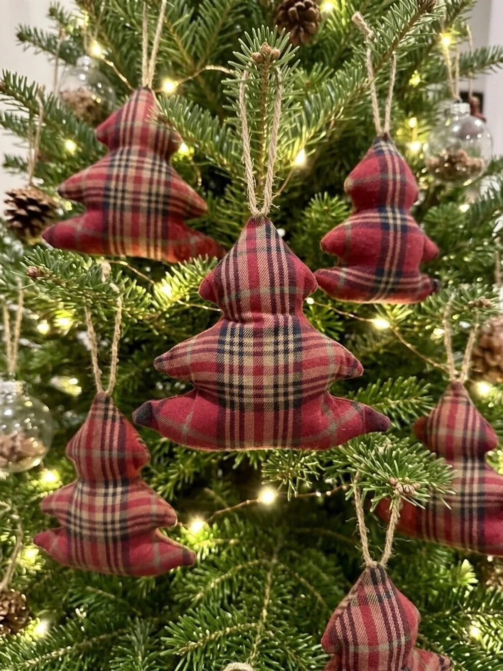 Set of 2 Custom Plaid Christmas Tree Ornaments Vintage Ralph Lauren Fabric 5”